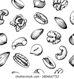 Seamless pattern. Hand drawn black and white illustration set of pecan, almond, walnut, hazelnut, pistachio, cashew nuts and nuts in shell. Health products. Handwritten graphic technique.