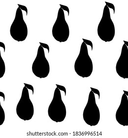 seamless pattern with hand drawn black pear,silhouette of summer pear isolated on white background,illlustration for wallpaper,wrapping paper,fabric design,botanical set of healthy fruits,