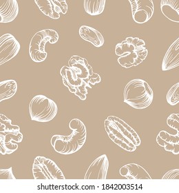 Seamless pattern. Hand drawn black and white illustration set of pecan, almond, walnut, hazelnut, pistachio, cashew nuts. Health products. Handwritten graphic technique.