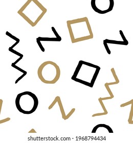Seamless pattern with hand drawn black and beige geometric elements on white background. Hand drawn vector design for textile, clothes, wrapping paper and wallpaper. Memphis fashion print.