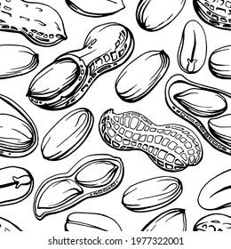 Seamless pattern. Hand drawn black and white illustration of a 
peanut in shell and peeled nuts. 
Allergic reaction to peanuts (to nuts). Handwritten graphic technique