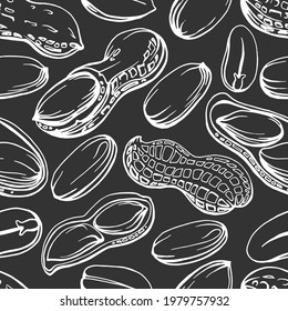 Seamless pattern. Hand drawn black and white illustration of a 
peanut in shell and peeled nuts. 
Allergic reaction to peanuts (to nuts). Handwritten graphic technique