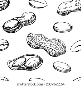 Seamless pattern. Hand drawn black and white illustration of a 
peanut in shell and peeled nuts. 
Allergic reaction to peanuts (to nuts). Handwritten graphic technique