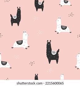 Seamless pattern with hand drawn black and white llamas on pink background. Decorative design for prints, packaging, wallpaper, wrapping paper