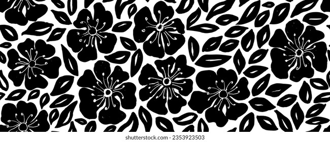 Patrón sin fisuras dibujado a mano   flores negras. Fondo monocromo dibujado a mano con flores de verano. Elementos botánicos en blanco y negro. Siluetas vectoriales de rosas, peonías y crisantemos