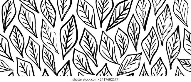 Seamless pattern  with hand drawn black  leaves. Botanical ornament . Hand drawn vector eucalyptus. Dry brush style floral motives. Monochrome print.