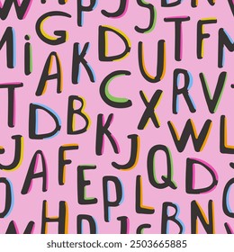 Seamless pattern with hand drawn black color letters with colorful elements