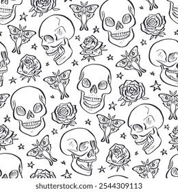 Seamless pattern with hand drawn black and white inky floral skulls surrounded by luna moths and roses. Skeleton heads monochrome repeat background with butterflies and flowers.