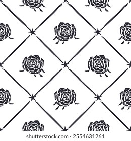 Seamless pattern with hand drawn black and white rose flowers inside trellis. Romantic monochrome floral background. Valentines day wrapping design.
