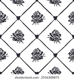 Seamless pattern with hand drawn black and white rose flowers inside trellis. Romantic monochrome floral background. Valentines day wrapping design.
