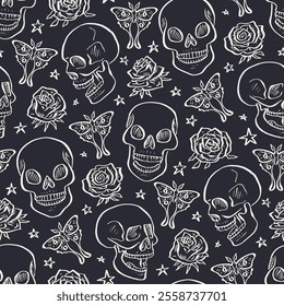 Seamless pattern with hand drawn black and white inky floral skulls surrounded by luna moths and roses. Skeleton heads monochrome repeat background with butterflies and flowers.