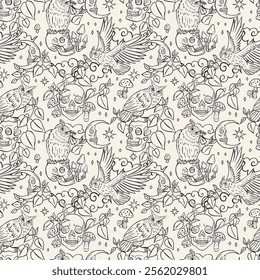 Seamless pattern with hand drawn black and white inky eagle owls sitting on human skulls. Celestial Skeleton heads with predator birds in forest foliage repeat background.