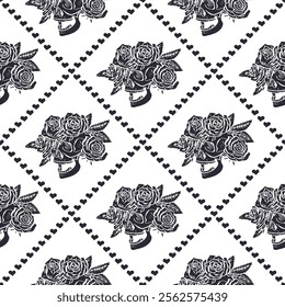 Seamless pattern with hand drawn black and white human skulls and rose flower wreath inside trellis. Halloween monochrome repeat background. Day of dead wrapping design.