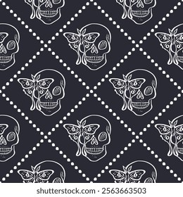 Seamless pattern with hand drawn black and white human skulls and luna moths inside trellis. Halloween monochrome repeat background. Day of dead wrapping design.