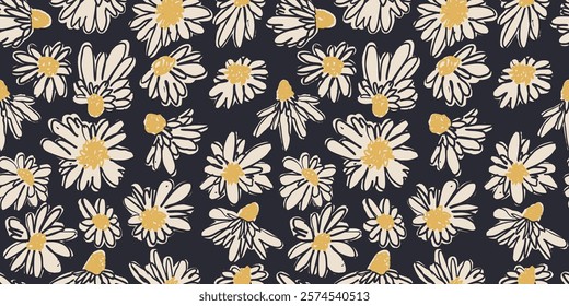 Seamless pattern with hand drawn black and white ditsy scribble flowers. Vintage inky bold florals repeat texture. Modern minimalist daisy blooms wallpaper.