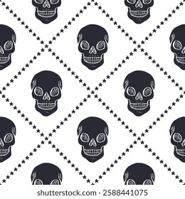 Seamless pattern with hand drawn black and white human skulls inside trellis. Halloween monochrome repeat background. Day of dead wrapping design.