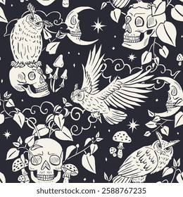 Seamless pattern with hand drawn black and white inky eagle owls sitting on human skulls. Celestial Skeleton heads with predator birds in forest foliage repeat background. Night sky with crescents