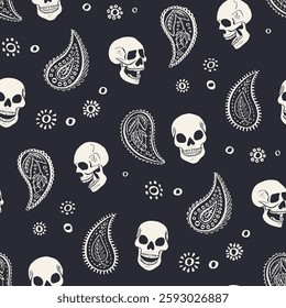 Seamless pattern with hand drawn black and white inky floral skulls surrounded by paisley motifs. Halloween wallpaper. Skeleton heads monochrome repeat background.