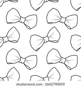 Seamless pattern with hand drawn black contour bow tie on a white background. Black and white cute background for textile design, wrapping paper, anniversary. Vector illustration 