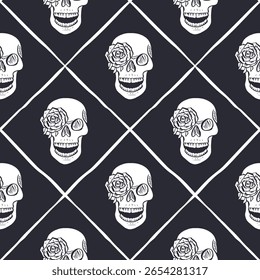 Seamless pattern with hand drawn black and white human skulls and rose flowers inside trellis. Halloween monochrome repeat background. Day of dead wrapping design.