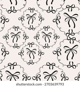Padrão contínuo de arcos de fita preto desenhados à mão e quadros redondos no fundo claro, perfeito para papel de embrulho, design têxtil, embalagem de presente, artigos de papelaria, scrapbooking, wallpapers.Vetor 