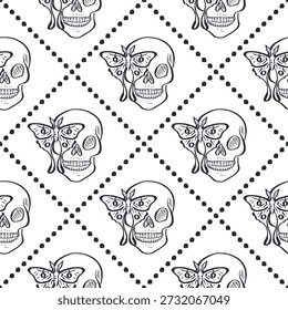 Seamless pattern with hand drawn black and white human skulls and luna moths inside trellis. Halloween monochrome repeat background. Day of dead wrapping design.