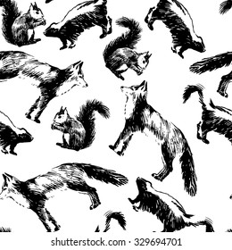 Seamless pattern with hand drawn black and white images of animals: fox, skunk and squirrel on white background. Vector illustration