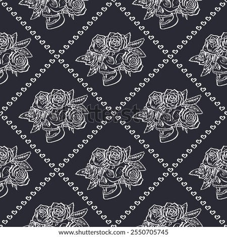 Seamless pattern with hand drawn black and white human skulls and rose flower wreath inside trellis. Halloween monochrome repeat background. Day of dead wrapping design.