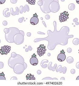 Seamless pattern with hand drawn blackberries and blueberries bubble gum. Forest berries flavor. Food background. Vector illustration