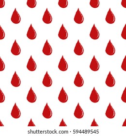 Seamless pattern with hand drawn blood drops. Red falling drops on white background. Good for design of medical poster, banner, card, web page.
