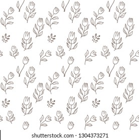 Seamless pattern of hand drawn blooming tulips. A simple modern background for romantic design line-art flowers.