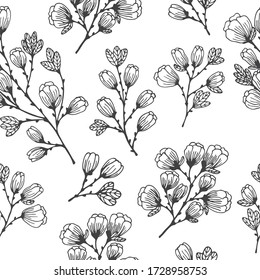 Seamless pattern with hand drawn blooming tree branches on a white background. Doodle, simple outline illustration. It can be used for decoration of textile, paper and other surfaces.