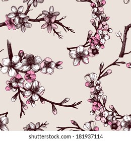 Seamless pattern with hand drawn blooming fruit tree twig. Vector vintage spring background