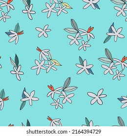 Seamless pattern with hand drawn blooming tangerine, orange for surface design, posters, illustrations. Healthy vegan food, tropical fruit