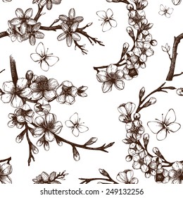 Seamless pattern with hand drawn blooming fruit tree twigs and butterflies. Vector spring background isolated on white