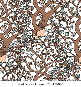 seamless pattern with hand drawn blooming trees in orient style, vector illustration