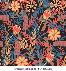 Seamless pattern with hand drawn blooming flowers. Vintage greeting cards, poster, background. Vector retro illustration