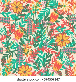 Seamless pattern with hand drawn blooming flowers. Vintage greeting cards, poster, background. Vector retro illustration