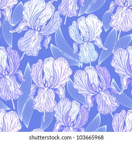 Seamless pattern with a hand drawn blue iris