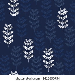 seamless pattern of hand drawn blue leaves