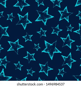 Seamless Pattern with hand drawn blue Stars on blue background. Abstract grunge texture. Vector illustration