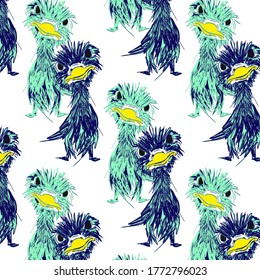 Seamless pattern with hand drawn blue angry birds. Vector background illustration.