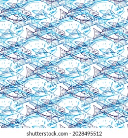 Patrón sin foco de peces azules dibujados a mano aislados en fondo blanco. Ilustración vectorial.