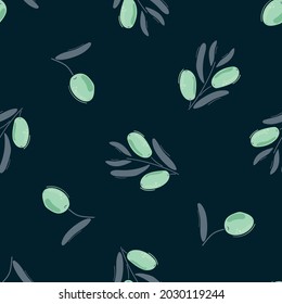 Seamless pattern of hand drawn blue olives on dark blue background.