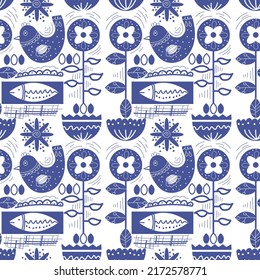 seamless pattern with hand drawn blue pattern in scandinavian style