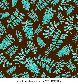 Seamless pattern with hand drawn blue leaves on brown background. Clipping mask is used, vector illustration.