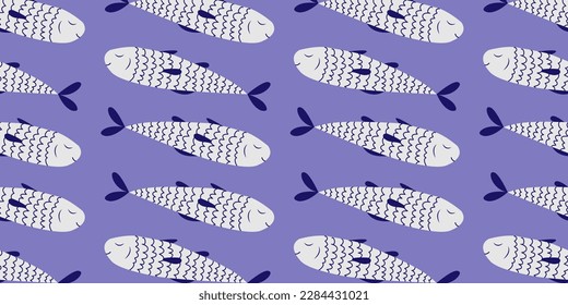 Seamless pattern with hand drawn blue fish. Doodle, simple illustration. It can be used for decoration of textile, paper and other surfaces. Vector