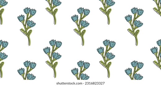 Seamless pattern with hand drawn blue flowers or cornflowers, template design, design for fashion, fabric, textile, wallpaper, cover, web, packaging and all prints