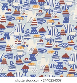 Seamless pattern. Hand drawn Blue and white pottery decorated with patterns in Scandinavian style. Hot drinks, Pottery, holidays concept. For wrapping paper, other design projects