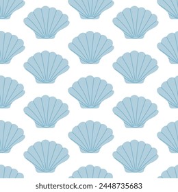 Seamless pattern with hand drawn blue seashell on white background. Template for print, fabric, greeting card and invitation. Vector illustration